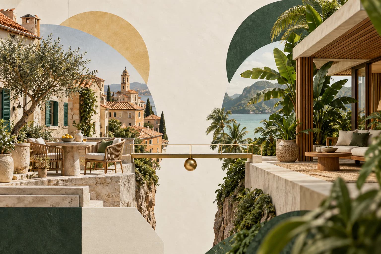 Illustration originale de deux cadres de vie, une terrasse méditerranéenne et une véranda tropicale.