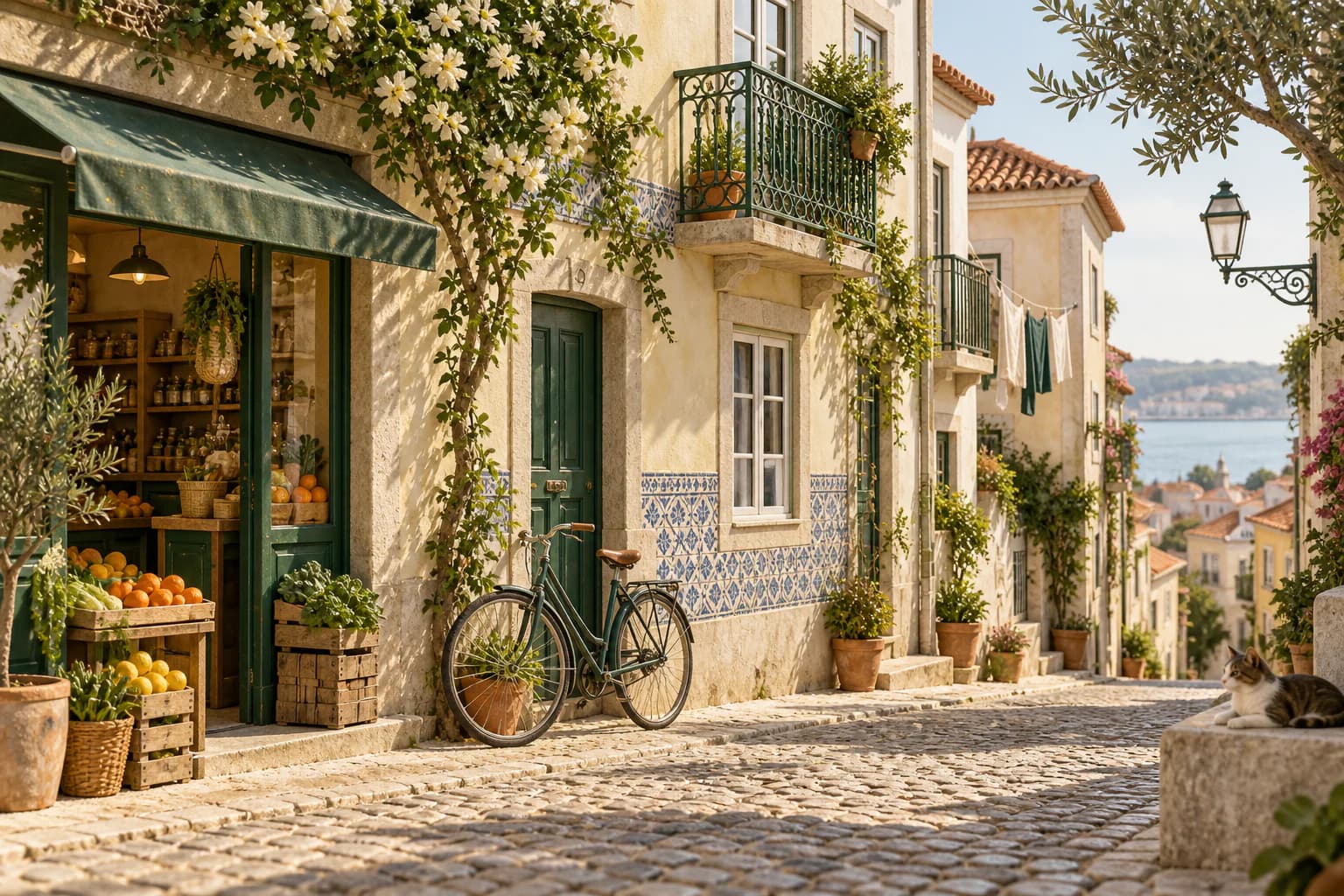 Illustration d’une rue pavée avec une épicerie, des façades à azulejos et un balcon végétalisé.