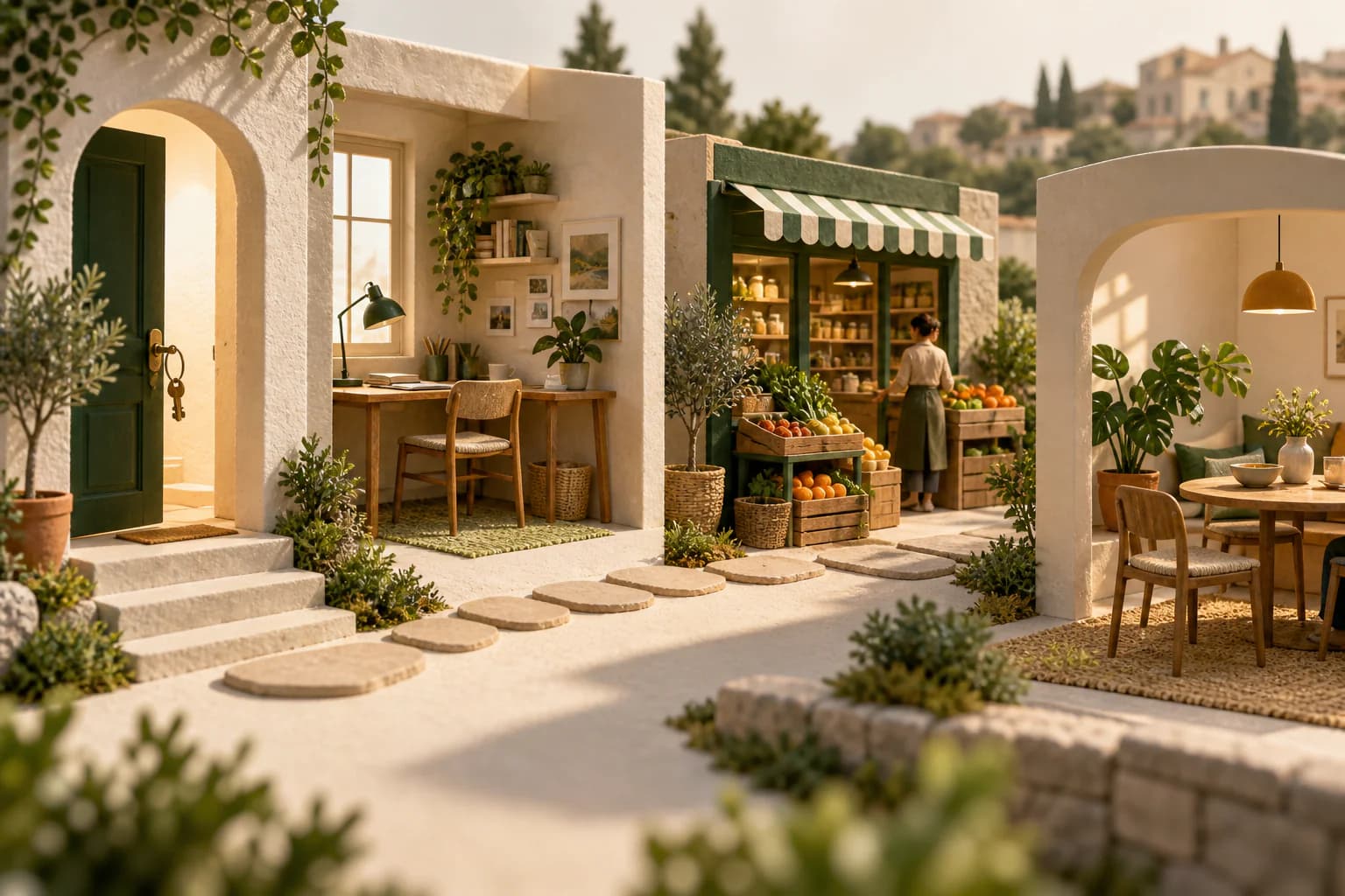 Scène illustrée réunissant un logement, un bureau et un commerce.