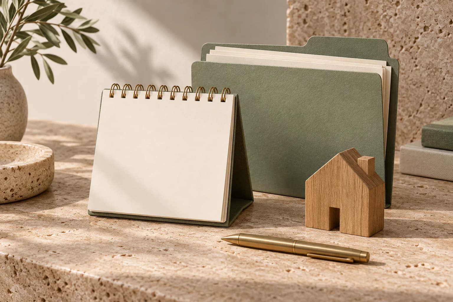 Calendrier sans dates, dossier vert et maison miniature sur une table.