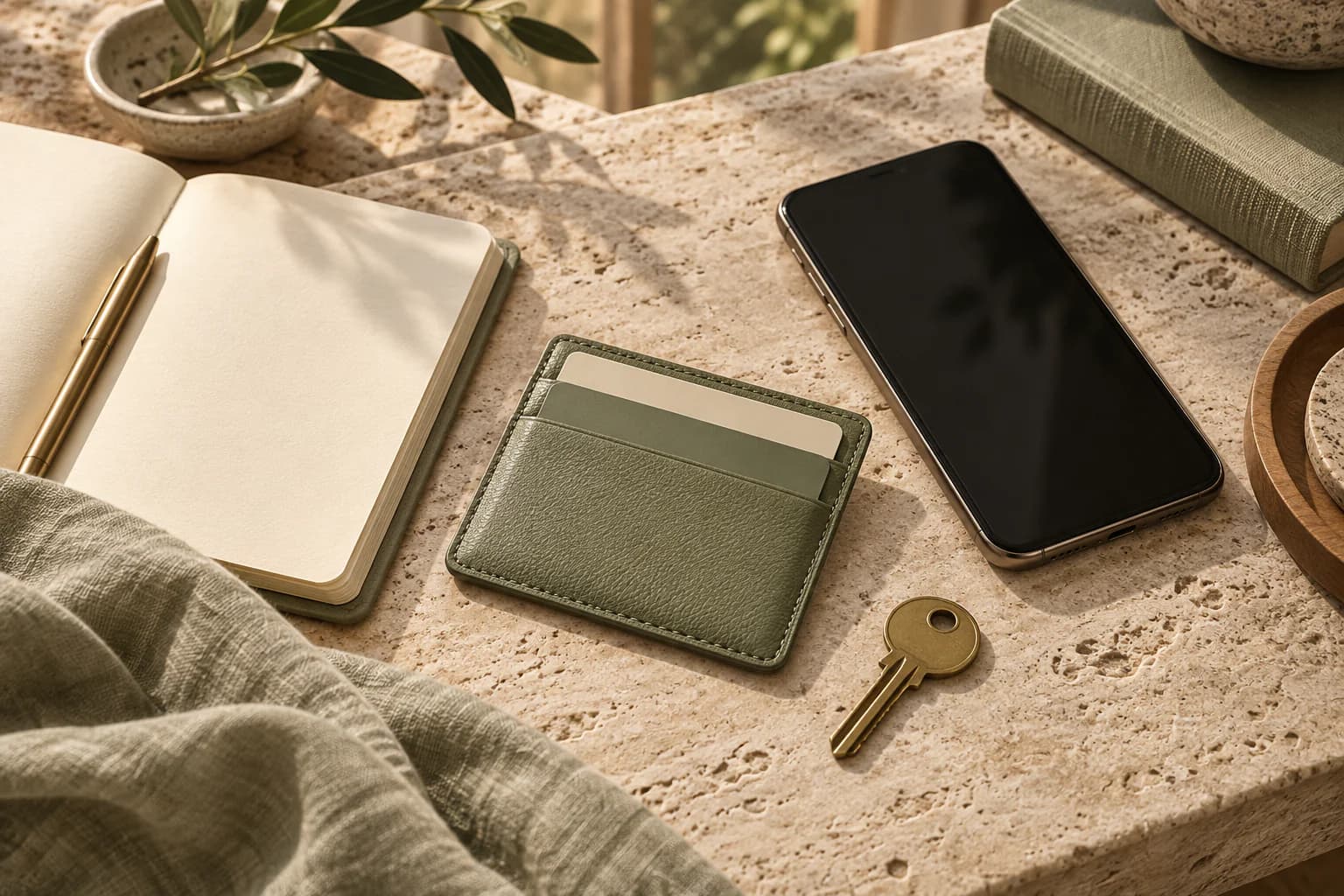 Porte-cartes vert, téléphone, carnet et clé sur une table en pierre.