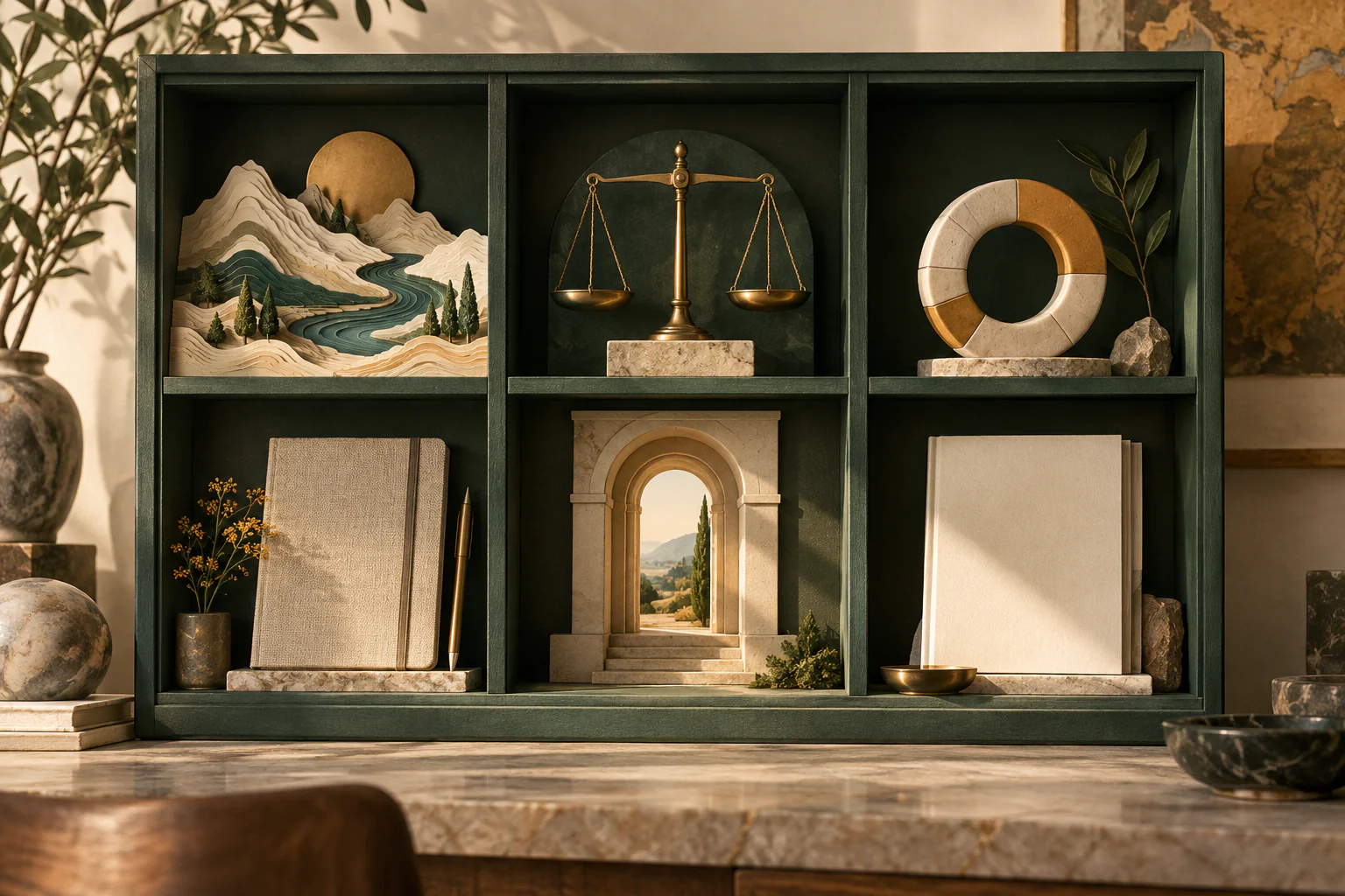 Meuble à six compartiments contenant des objets qui représentent les outils de préparation.