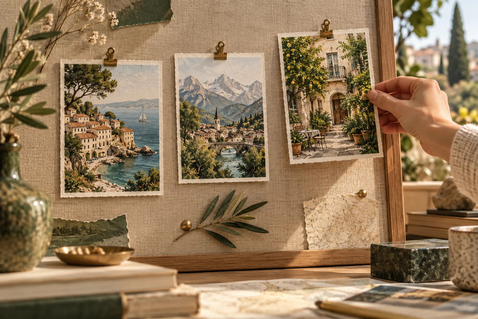 Tableau en lin où des cartes de paysages sont conservées avec des pinces.