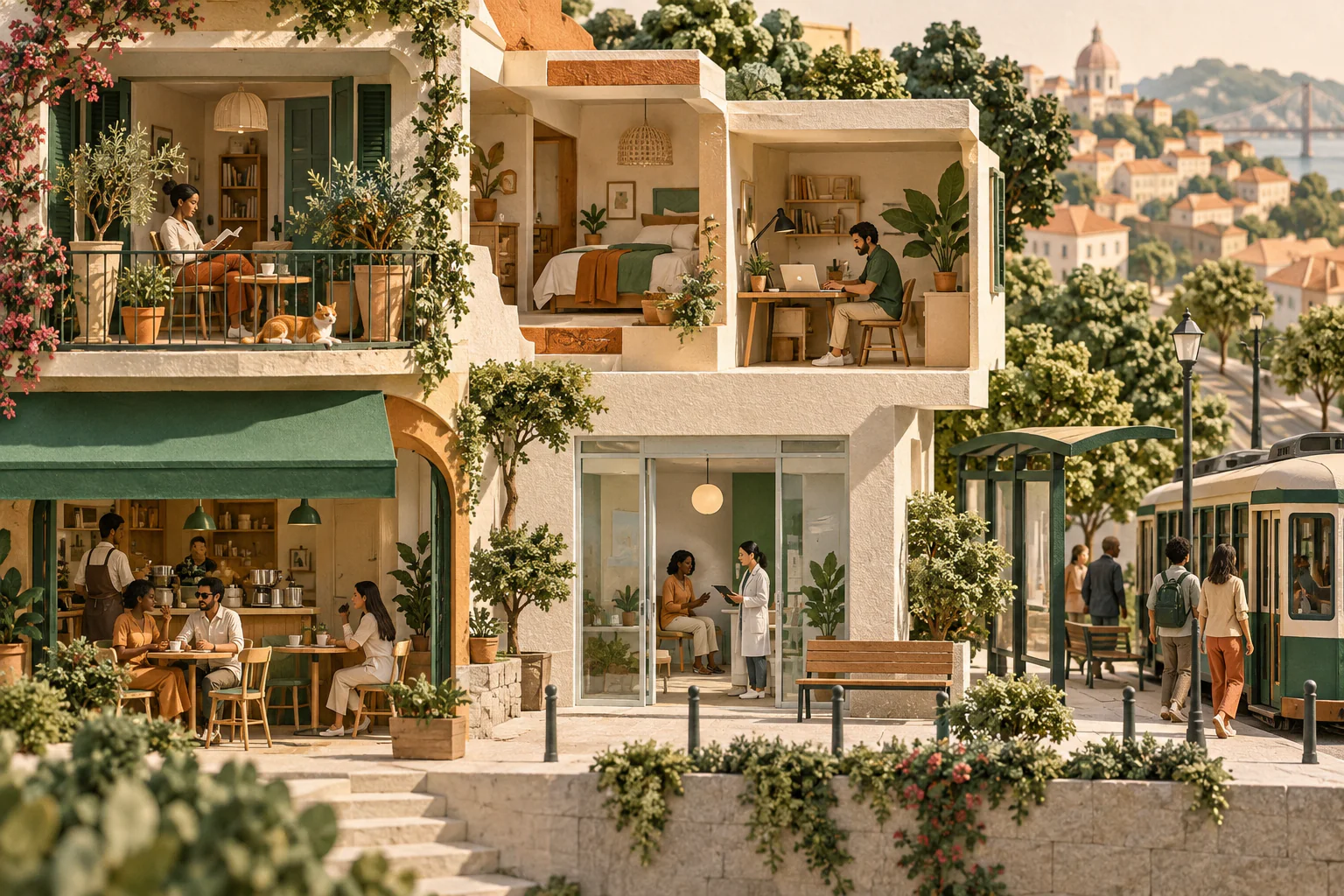 Quartier en coupe réunissant logement, soins, café et travail.