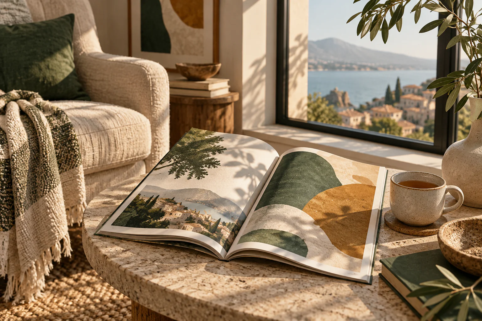 Un magazine ouvert dans un coin lecture près d'une fenêtre.
