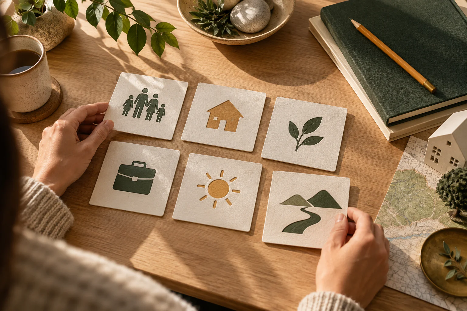 Des mains organisent des cartes de priorités sur un bureau.